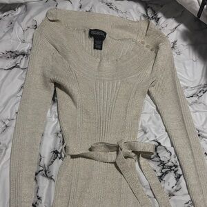 Cream Ribbed Sweater Dress with Belt